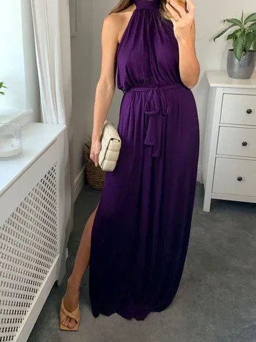 Signage Halter Neck Split Leg Maxi Dress With Belt - Purple