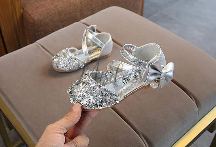 Silver/Gold/Pink Bow Leather Sequin Sandals Baby Dancing Shoes Flower Girl Shoes