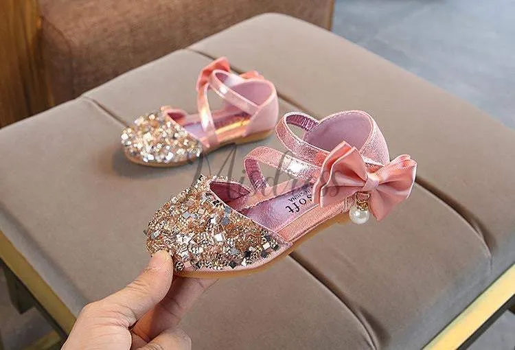 Silver/Gold/Pink Bow Leather Sequin Sandals Baby Dancing Shoes Flower Girl Shoes