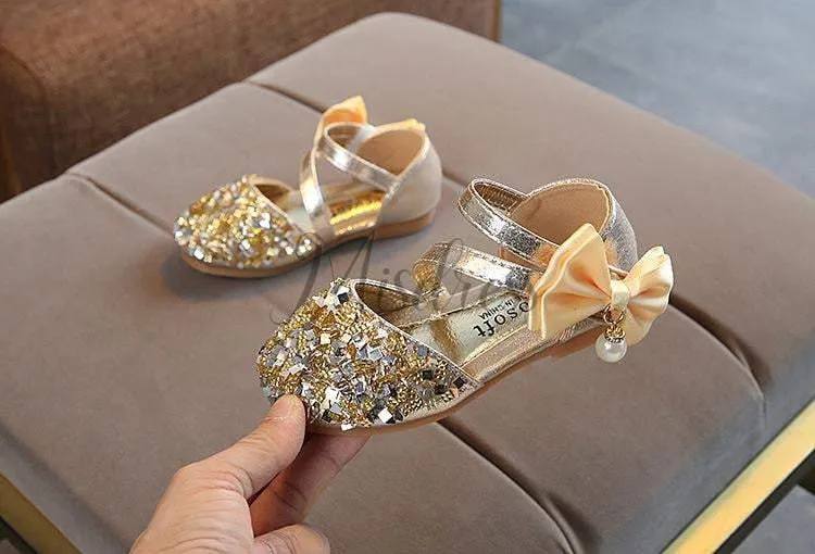 Silver/Gold/Pink Bow Leather Sequin Sandals Baby Dancing Shoes Flower Girl Shoes