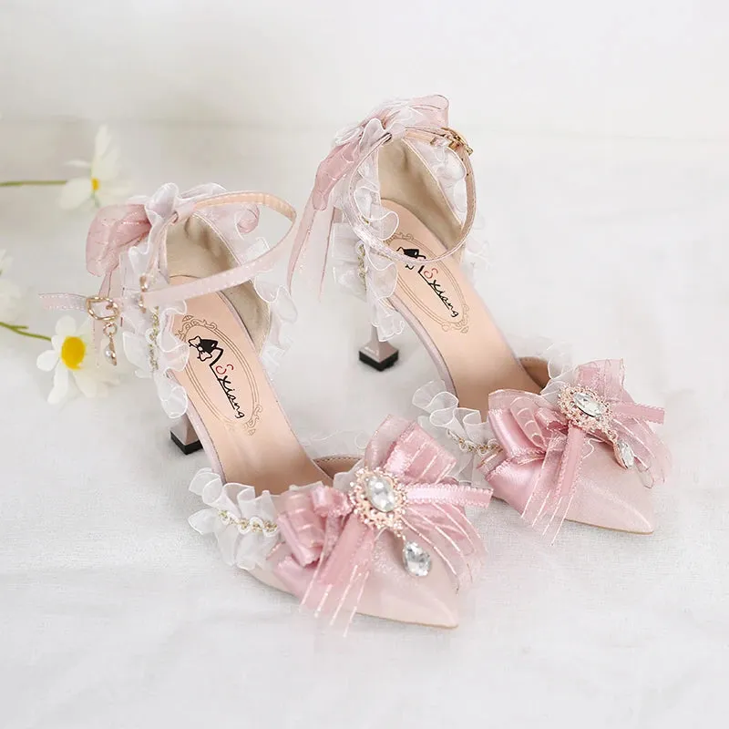 Sohiwoo Pink Sweet Cute Lolita Women High-Heeled Shoes Spring and Autumn Fashion Bow Diamond Pointed Sandals Fairy Style Party Pumps