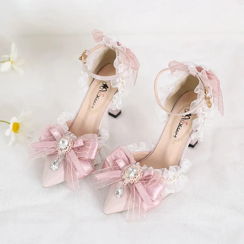 Sohiwoo Pink Sweet Cute Lolita Women High-Heeled Shoes Spring and Autumn Fashion Bow Diamond Pointed Sandals Fairy Style Party Pumps