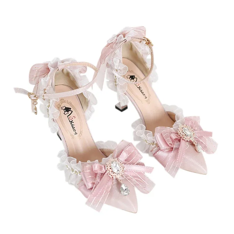 Sohiwoo Pink Sweet Cute Lolita Women High-Heeled Shoes Spring and Autumn Fashion Bow Diamond Pointed Sandals Fairy Style Party Pumps