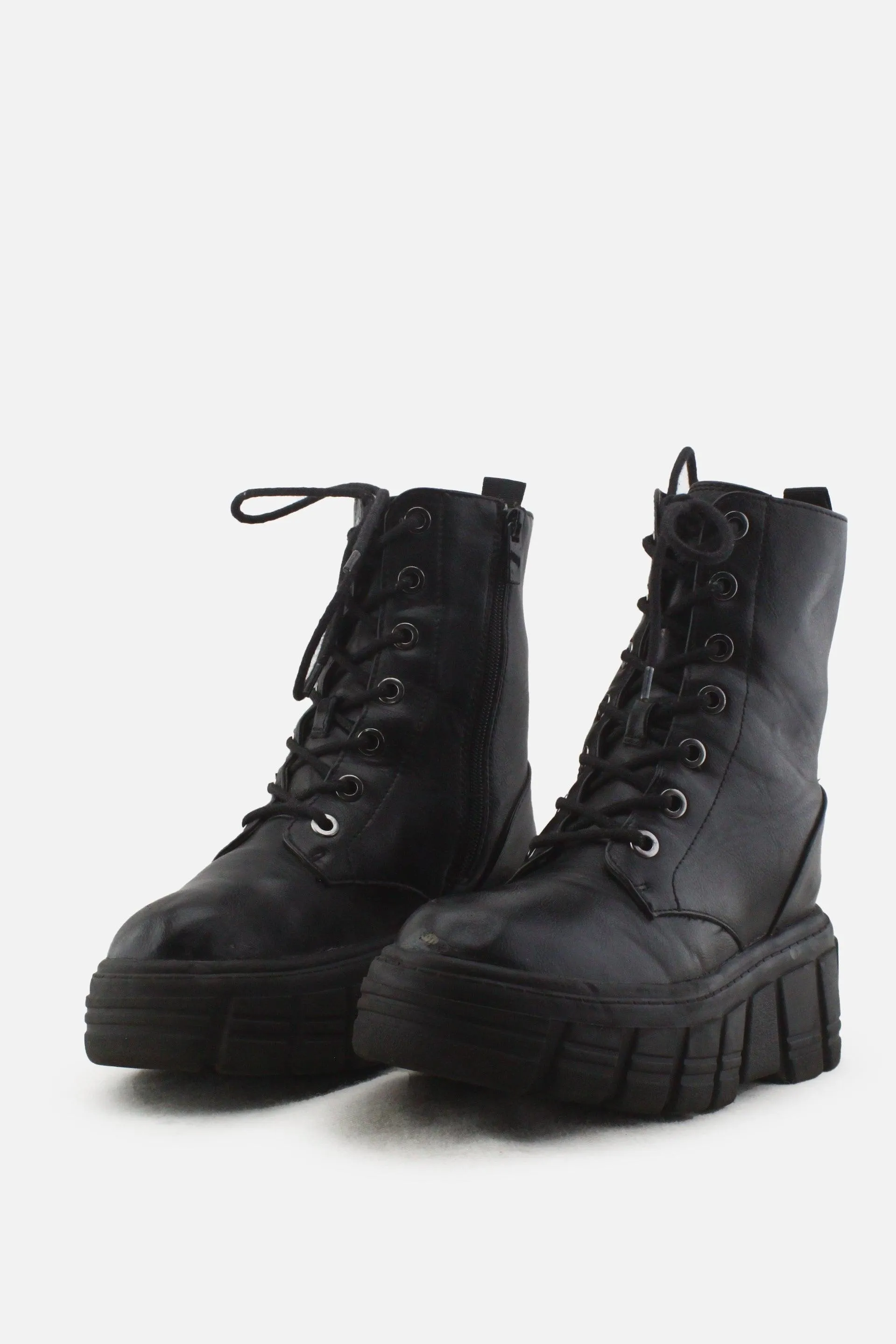 Stradivarius Zipper Laces Combat Ankle Boots |100% Authentic Leather