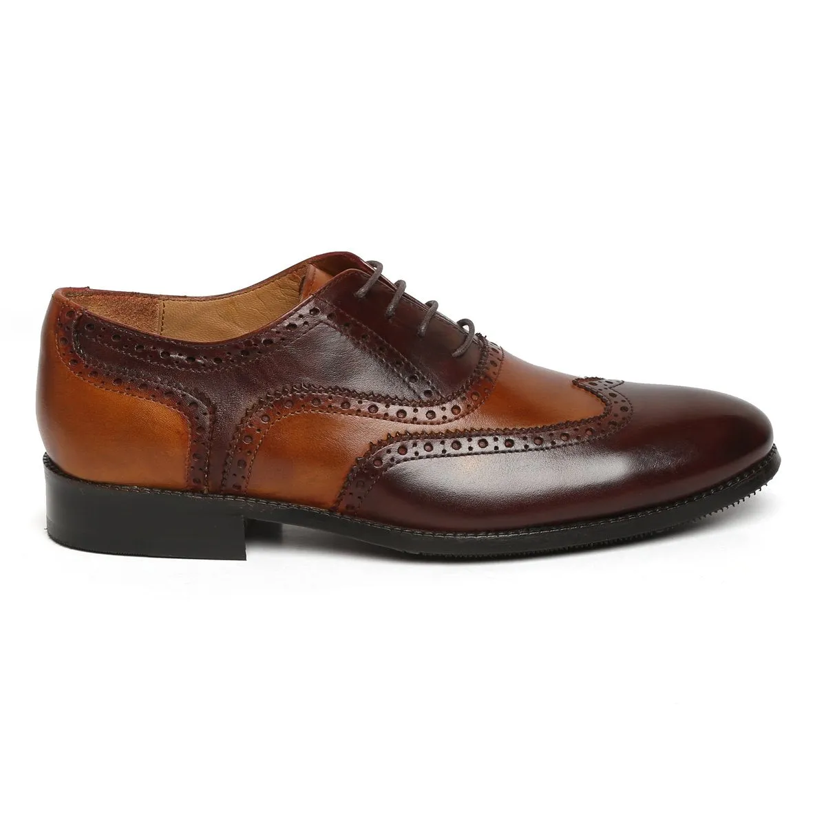 Tan-Brown Leather Shoe with Punching Brogue Oxford Lace-Up Closure