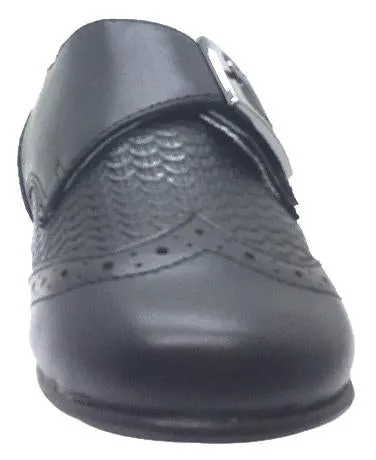 Venettini Boy's Marty Black Leather Basket Weave with Penguin Toe Single Hook and Loop Strap Oxford Loafer