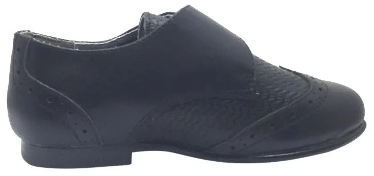 Venettini Boy's Marty Black Leather Basket Weave with Penguin Toe Single Hook and Loop Strap Oxford Loafer