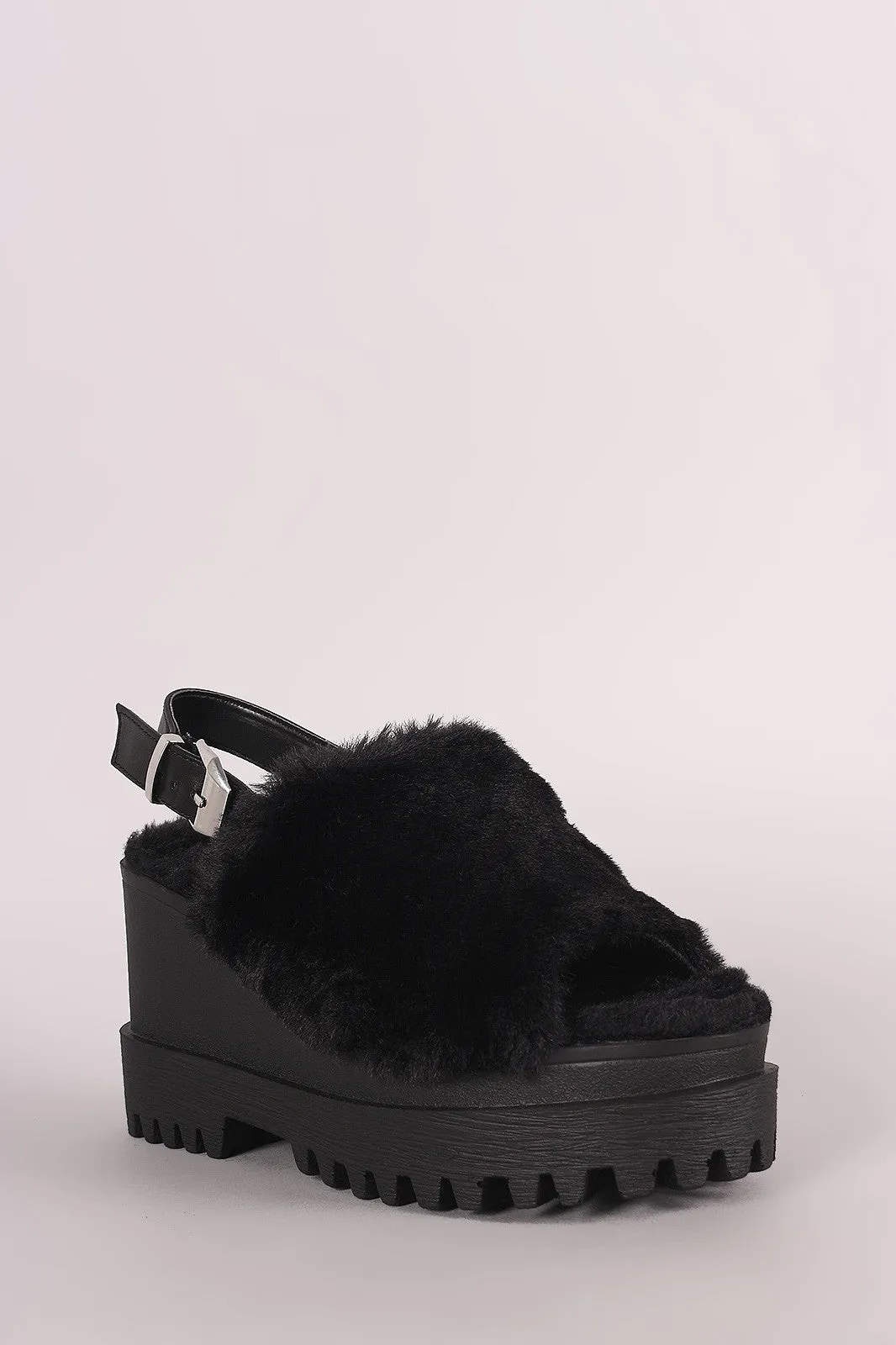 Wild Diva Lounge Faux Fur Lug Sole Slingback Platform Wedge