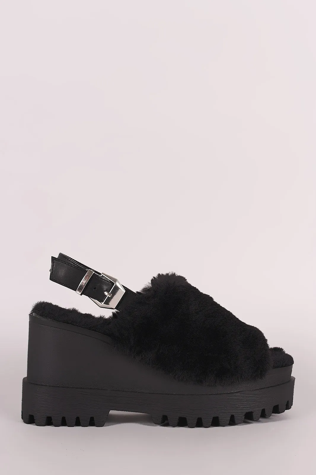 Wild Diva Lounge Faux Fur Lug Sole Slingback Platform Wedge