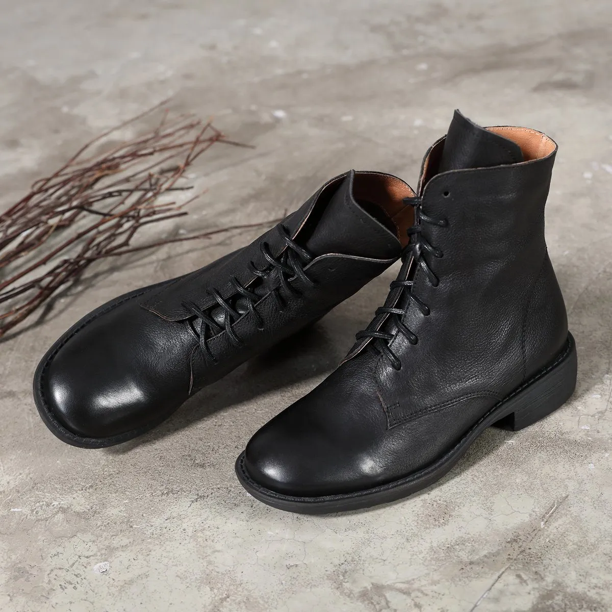 Winter Boots Handmade Genuine Leather Lace-Up Combat Boots Retro Martin Boots Chunky Ankle Boots Black/Coffee