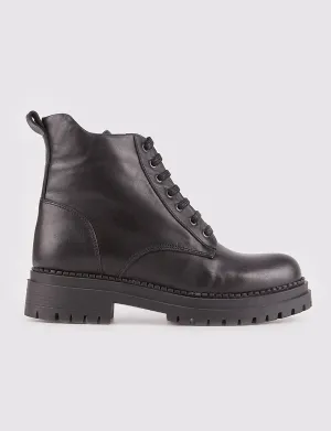 Women Black Genuine Leather Combat Boots