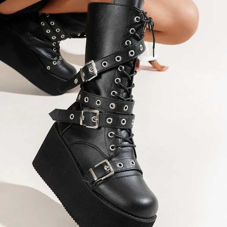 Women black punk chunky platform boots buckle strap lace up mid calf boots