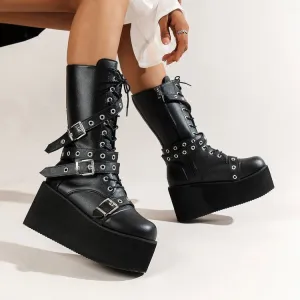 Women black punk chunky platform boots buckle strap lace up mid calf boots