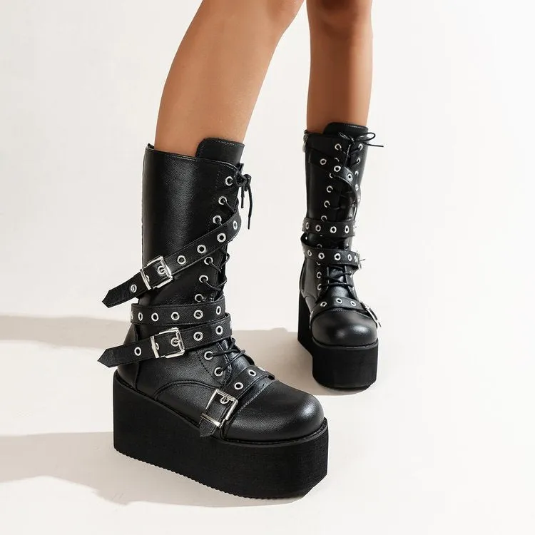 Women black punk chunky platform boots buckle strap lace up mid calf boots