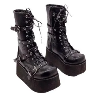 Women black punk chunky platform boots buckle strap lace up mid calf boots