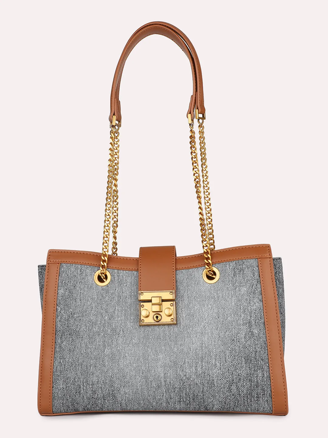 Women Denim Textured Canvas Structured Shoulder Bag With Lock detail