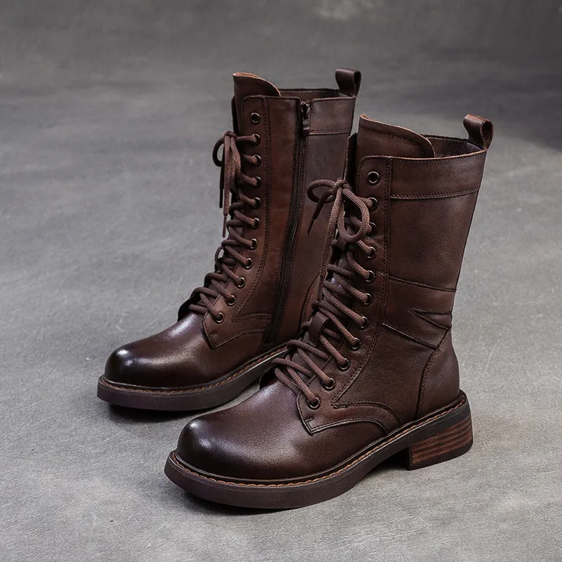 Women Minimalism Leather Mid-Calf Riding Combat Boots