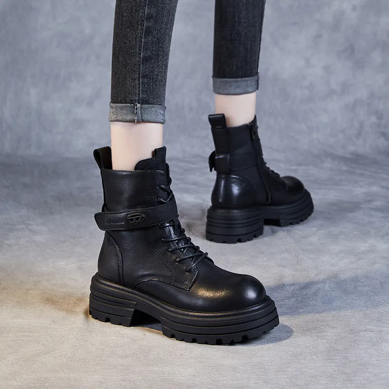 Women Retro Leather Thick Soled Combat Boots