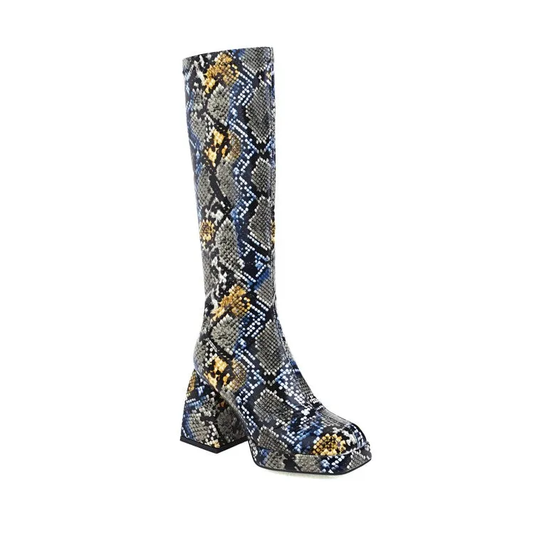 Women's Snake-printed Pu Leather Square Toe Block Chunky Heel Platform Knee High Boots