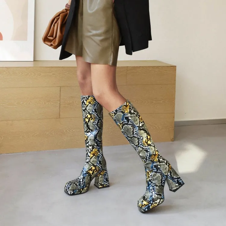 Women's Snake-printed Pu Leather Square Toe Block Chunky Heel Platform Knee High Boots